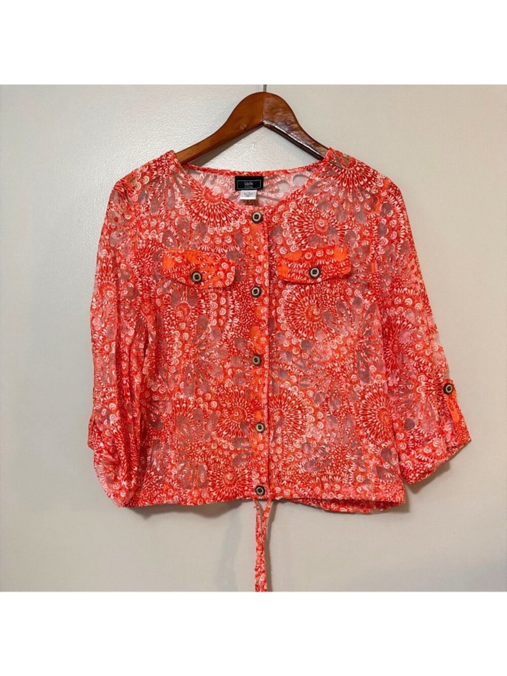 Lark Lane Red Sheer Floral Button-Down Blouse Size 14 Drawstring Hem Tab Sleeves